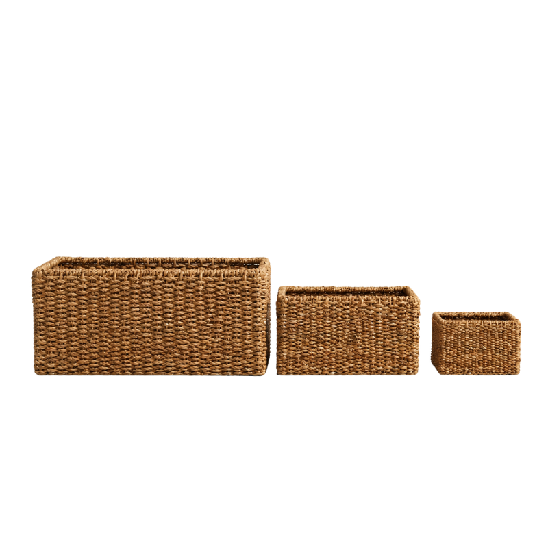 Handcrafted Eco-Friendly Natural Seagrass Rectangular Storage Basket Set 3-Piece Nesting Wicker Orga