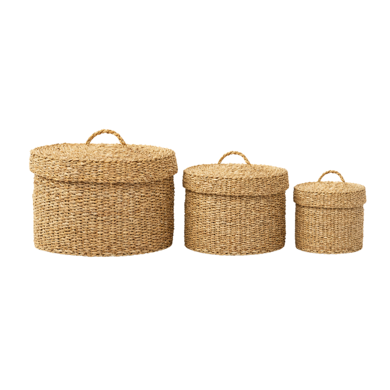 Handcrafted Eco-Friendly Natural Seagrass Round Storage Basket Set of 3 Nesting Cylindrical Wicker Organizer Bins with Lids