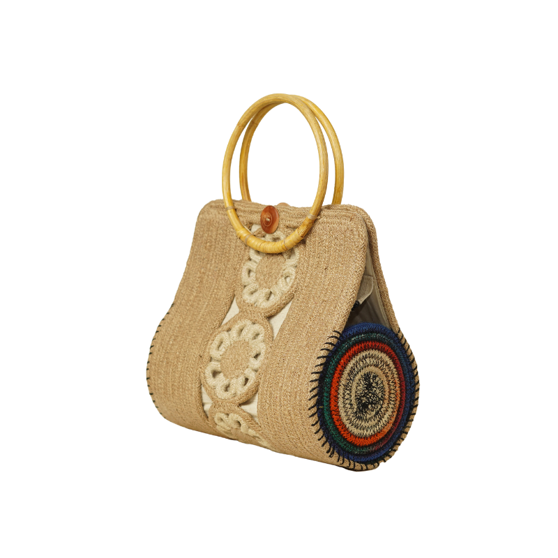 Handcrafted Floral Cutout Jute Braid Handbag with Bamboo Ring Handles - Thumbnail 5