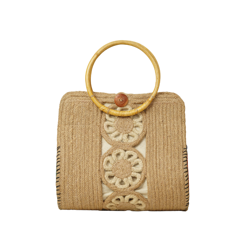 Handcrafted Floral Cutout Jute Braid Handbag with Bamboo Ring Handles