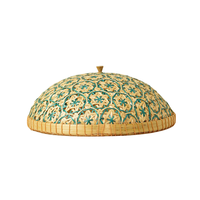 Handcrafted Green Star Pattern Bamboo Food Cover Dome with Wooden Knob