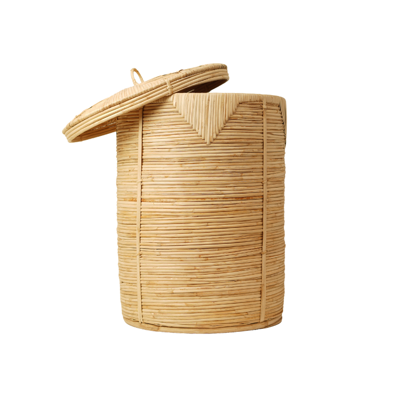 Handcrafted Natural Cane & Rattan Round Laundry Hamper Basket with Lid