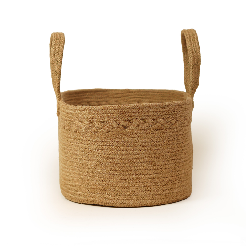 Handcrafted Natural Jute Oval Storage Basket with Handles Braided Trim Nursery Toy Org - Thumbnail 3