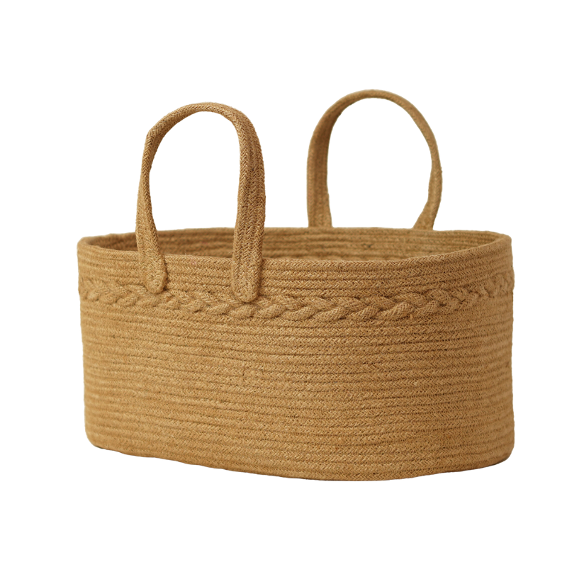 Handcrafted Natural Jute Oval Storage Basket with Handles Braided Trim Nursery Toy Organizer Basket