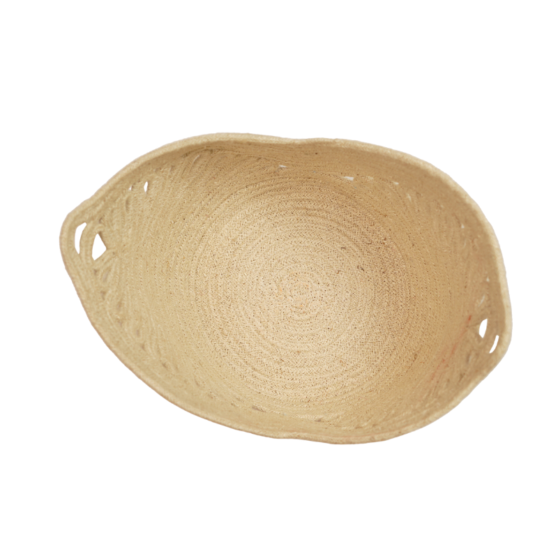 Handcrafted Natural Jute Oval Storage Bowl Basket with Wave Rim & Cutout Handles - Thumbnail 2