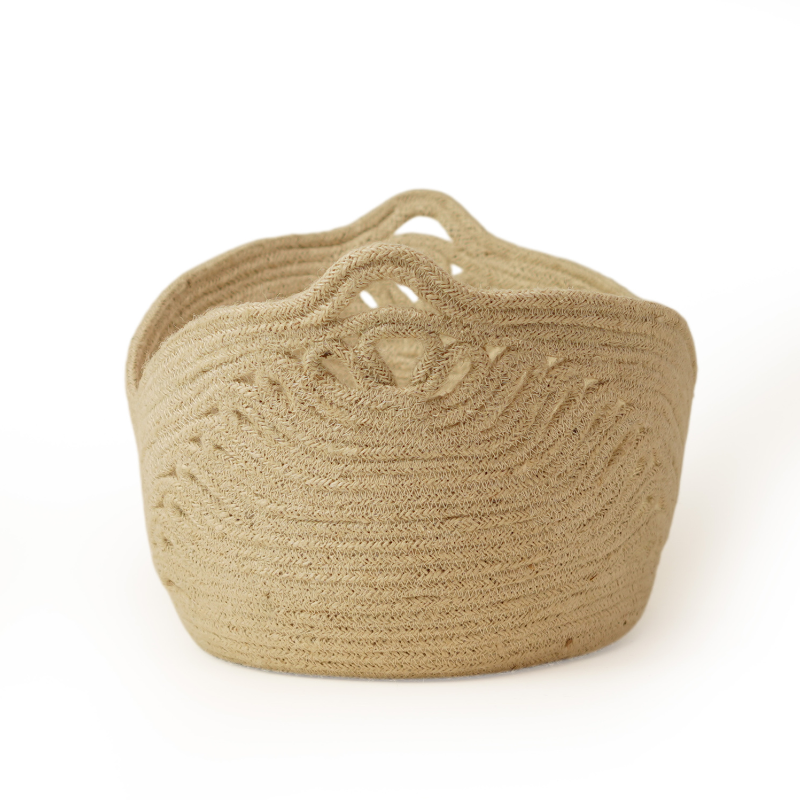 Handcrafted Natural Jute Oval Storage Bowl Basket with Wave Rim & Cutout Handles - Thumbnail 3
