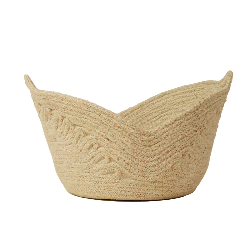 Handcrafted Natural Jute Oval Storage Bowl Basket with Wave Rim & Cutout Handles - Thumbnail 4