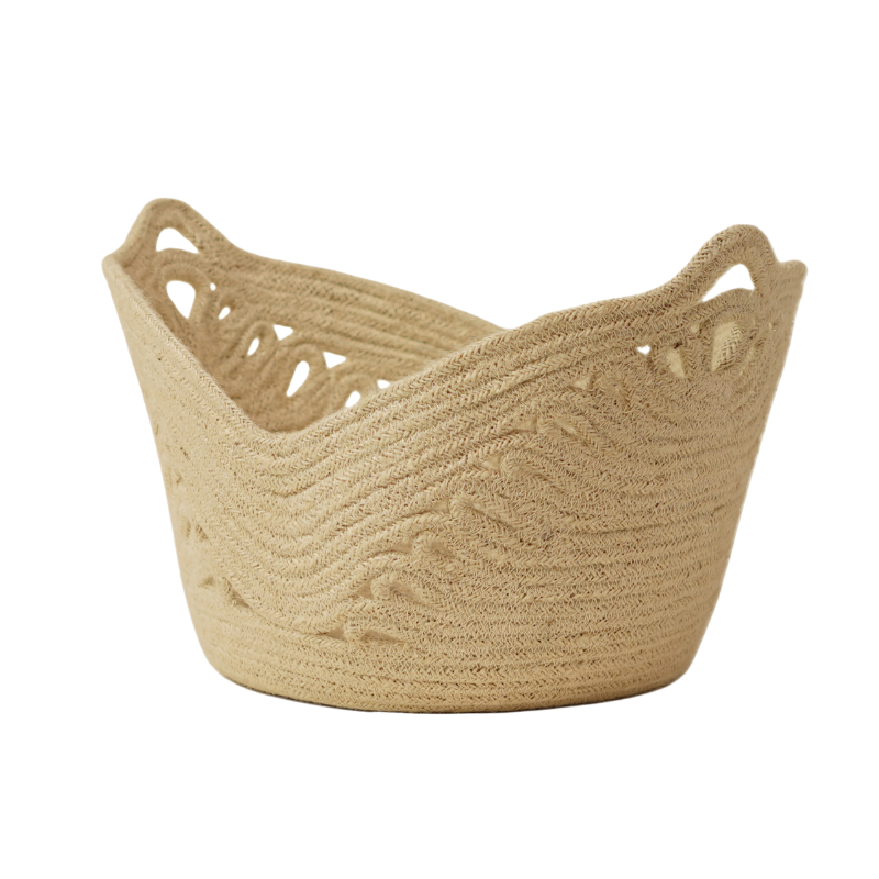Handcrafted Natural Jute Oval Storage Bowl Basket with Wave Rim & Cutout Handles