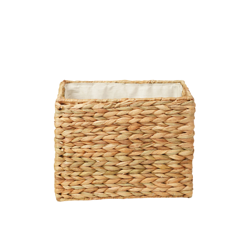 Handcrafted Natural Water Hyacinth Square Storage Cube Basket | Woven Shelf Organizer Bin with Fabric Liner & Handles