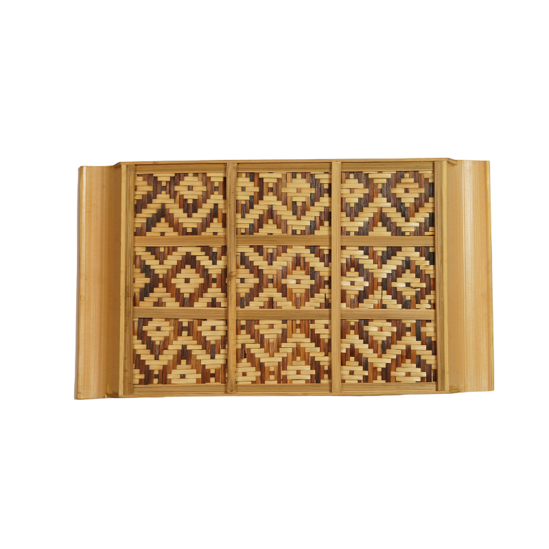 Handcrafted Rectangular Bamboo Serving Tray with Geometric Woven Pattern