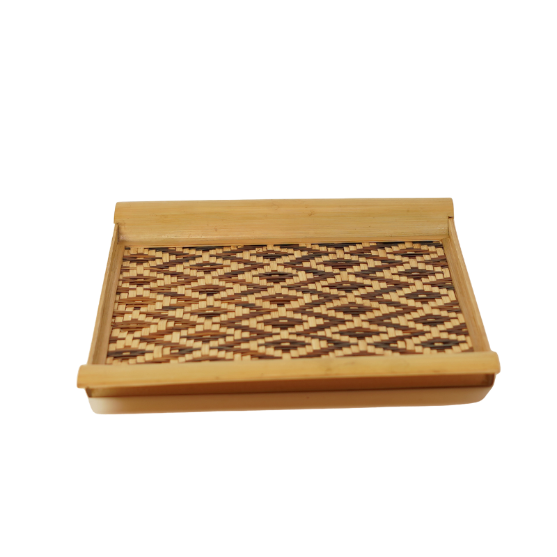 Handcrafted Rectangular Bamboo Serving Tray with Geometric Woven Pattern - Thumbnail 3