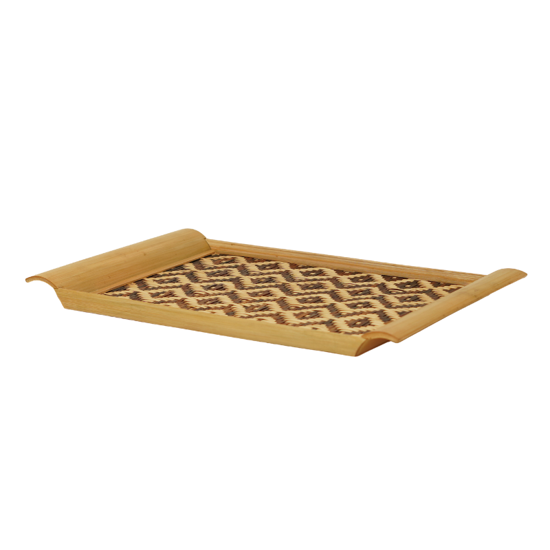 Handcrafted Rectangular Bamboo Serving Tray with Geometric Woven Pattern - Thumbnail 4