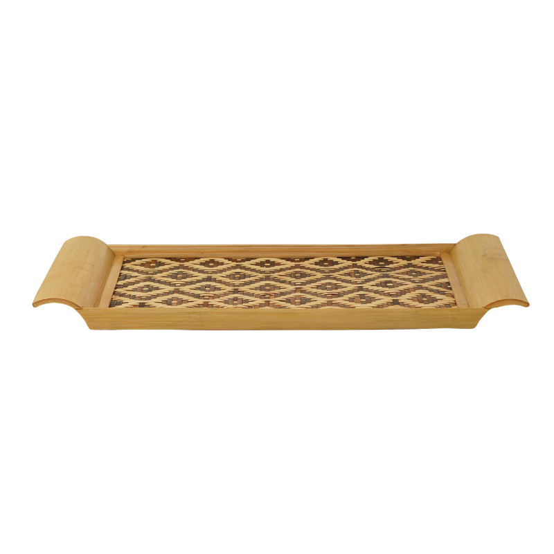 Handcrafted Rectangular Bamboo Serving Tray with Geometric Woven Pattern