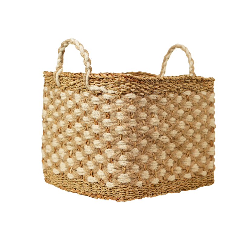 Handcrafted Seagrass & Jute Square Nesting Storage Basket Set of 3 with Cream Pattern - Thumbnail 2