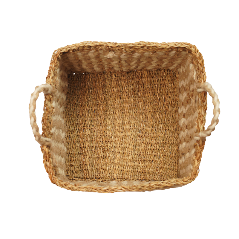 Handcrafted Seagrass & Jute Square Nesting Storage Basket Set of 3 with Cream Pattern - Thumbnail 3