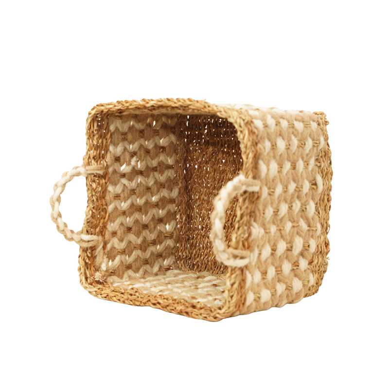 Handcrafted Seagrass & Jute Square Nesting Storage Basket Set of 3 with Cream Pattern - Thumbnail 4
