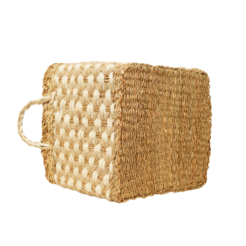 Handcrafted Seagrass & Jute Square Nesting Storage Basket Set of 3 with Cream Pattern & Braided Handles