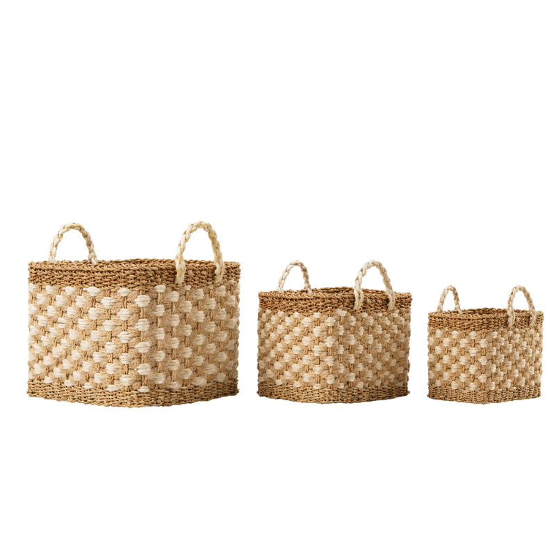 Handcrafted Seagrass & Jute Square Nesting Storage Basket Set of 3 with Cream Pattern & Braided Handles