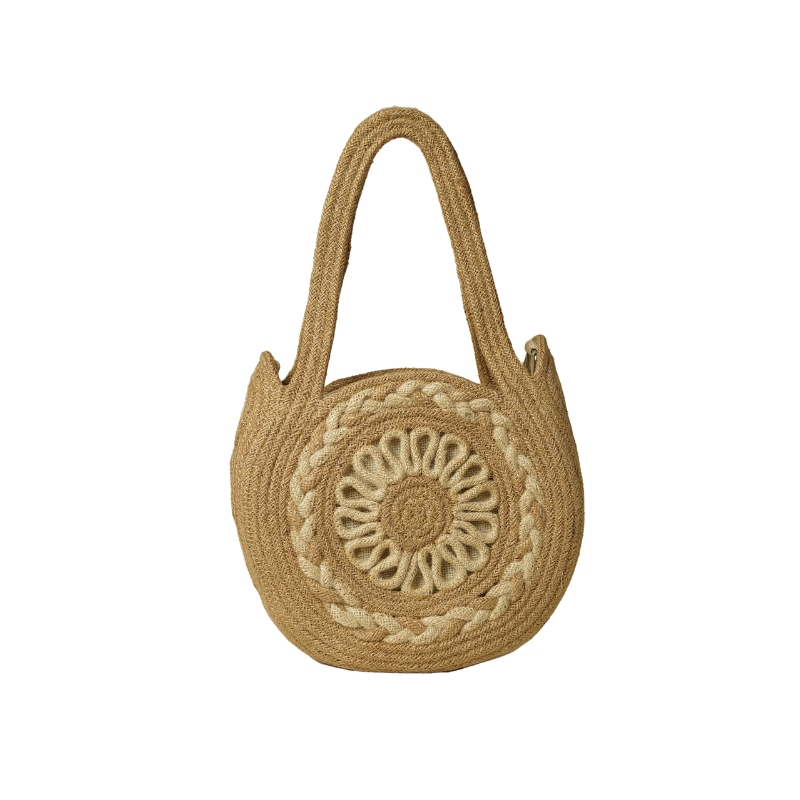 Handcrafted Sunflower Mandala Jute Braided Shoulder Bag with Zipper Closure