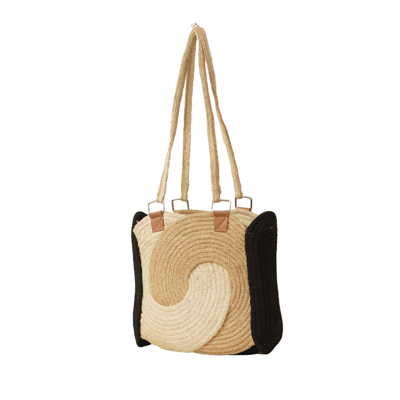 Handcrafted Swirl Spiral Braided Jute Tote Bag with Black Side Panels - Thumbnail 2