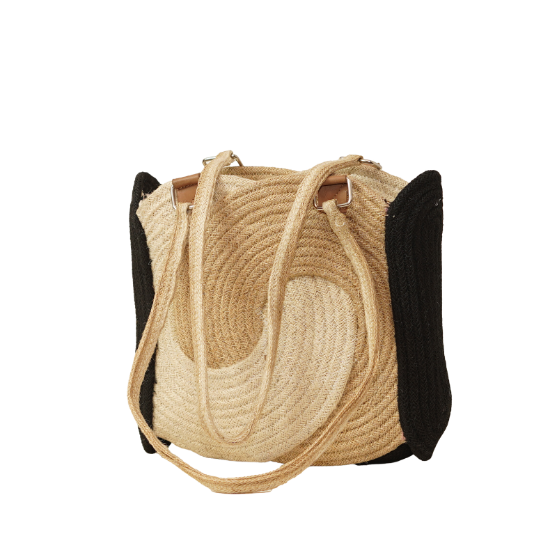 Handcrafted Swirl Spiral Braided Jute Tote Bag with Black Side Panels