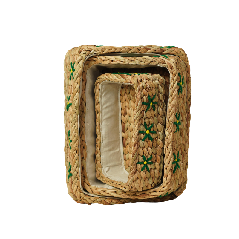 Handcrafted Water Hyacinth & Jute Nesting Rectangular Storage Basket Set of 3 | Floral - Thumbnail 3