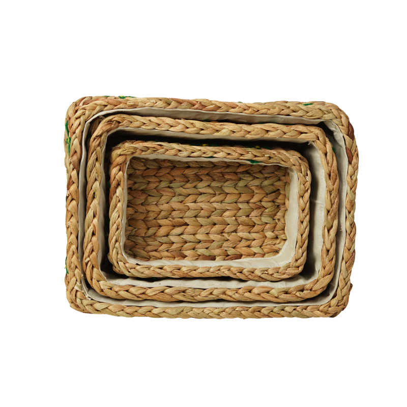 Handcrafted Water Hyacinth & Jute Nesting Rectangular Storage Basket Set of 3 | Floral Embroidered Bins with Liner