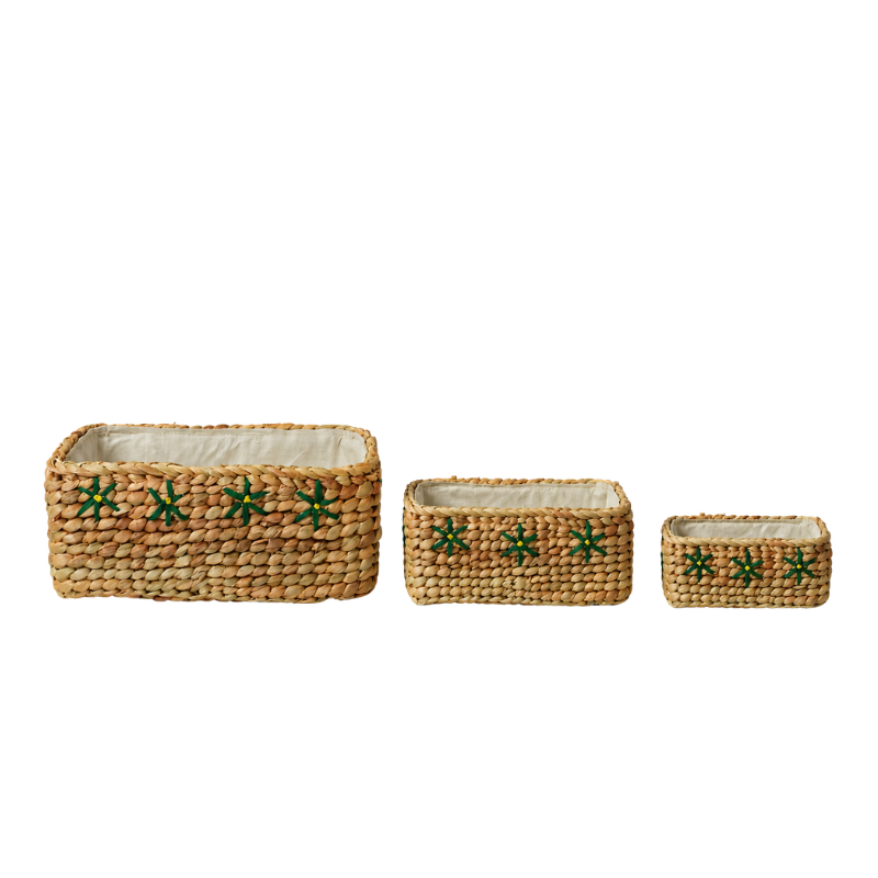 Handcrafted Water Hyacinth & Jute Nesting Rectangular Storage Basket Set of 3 | Floral Embroidered Bins with Liner