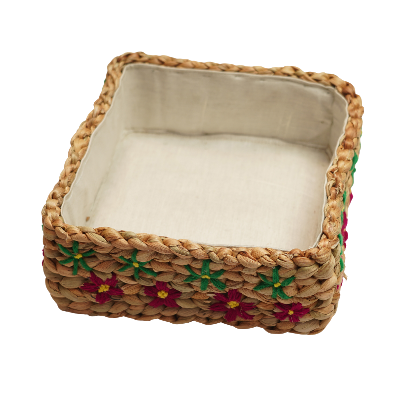 Handcrafted Water Hyacinth & Jute Square Storage Basket | Embroidered Floral Decorative Organizer Bin with Liner