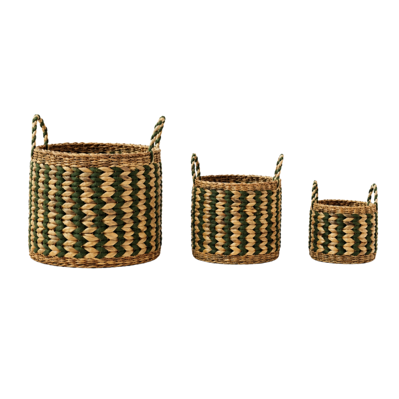 Handcrafted Water Hyacinth & Seagrass Round Basket Set with Handles - Set of 3
