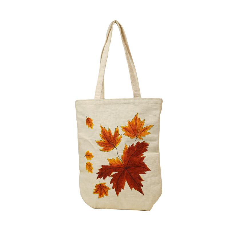 Handpainted Maple Leaf Off-White Jute Canvas Tote Bag
