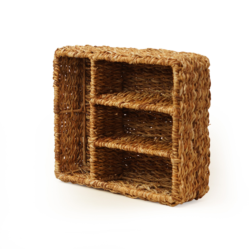 Handwoven Eco-Friendly Natural Seagrass 4-Compartment Storage Basket Tray for Cutlery, Desk & Cosmetic Organization