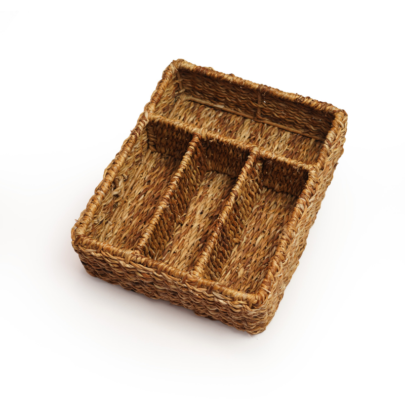 Handwoven Eco-Friendly Natural Seagrass 4-Compartment Storage Basket Tray for Cutlery, - Thumbnail 3