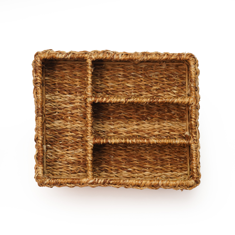Handwoven Eco-Friendly Natural Seagrass 4-Compartment Storage Basket Tray for Cutlery, - Thumbnail 4