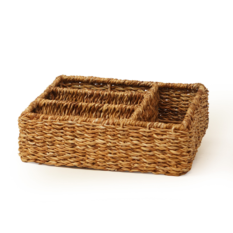 Handwoven Eco-Friendly Natural Seagrass 4-Compartment Storage Basket Tray for Cutlery, Desk & Cosmet