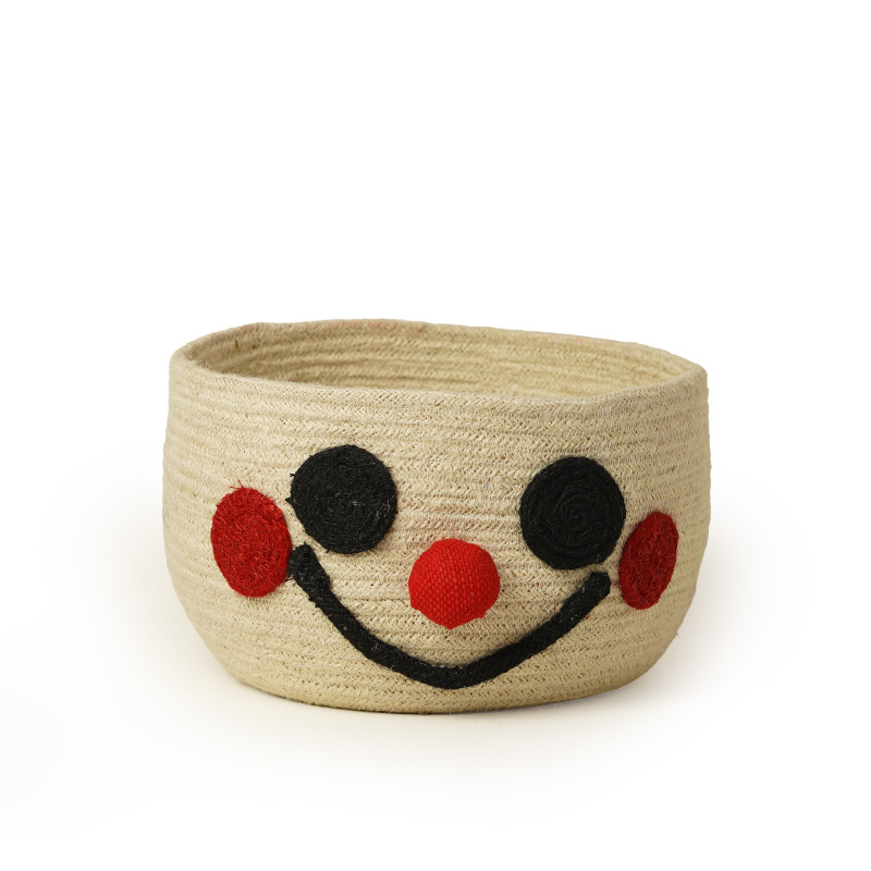 Handwoven Jute Clown Face Storage Basket with Hat Lid Eco-Friendly Nursery Toy Storage - Thumbnail 2