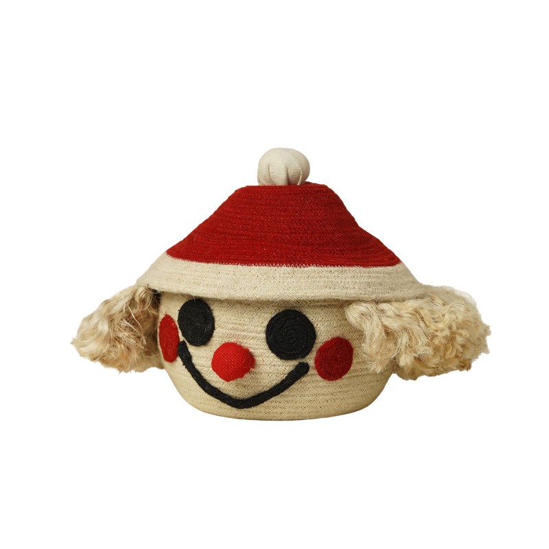 Handwoven Jute Clown Face Storage Basket with Hat Lid Eco-Friendly Nursery Toy Storage Organizer Bin