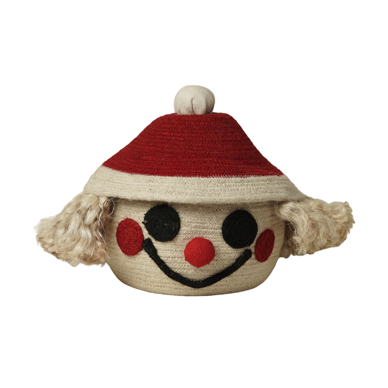Handwoven Jute Clown Face Storage Basket with Hat Lid Eco-Friendly Nursery Toy Storage Organizer Bin