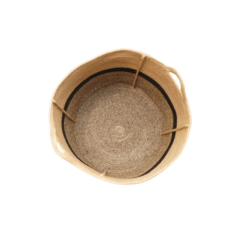 Handwoven Three-Tone Natural Jute Laundry Basket with Handles - Thumbnail 2
