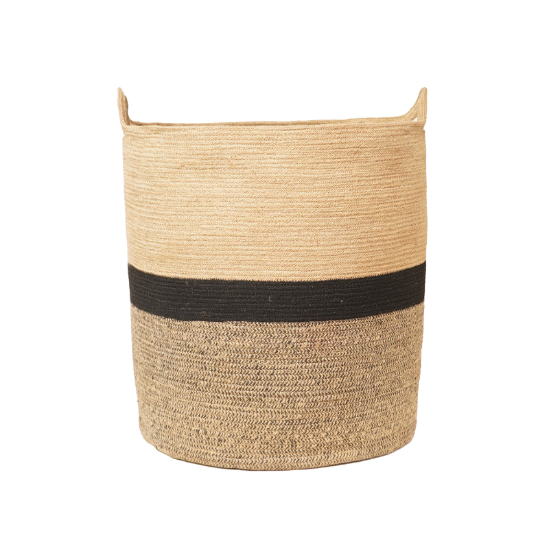 Handwoven Three-Tone Natural Jute Laundry Basket with Handles
